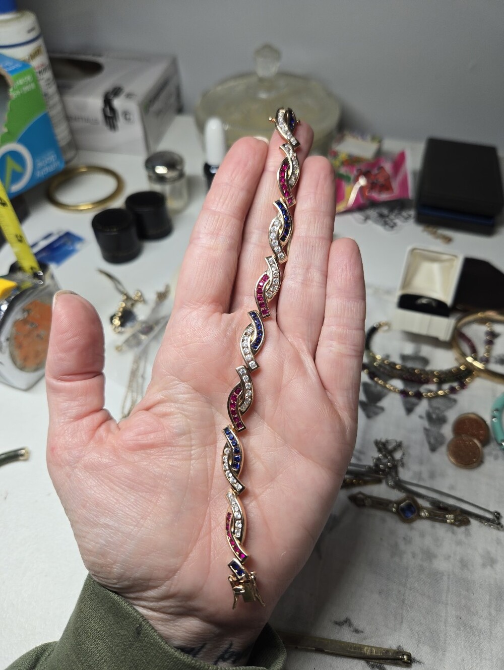 925 Rose Gold Washed Wave Link Bracelet with Red and Blue Stones